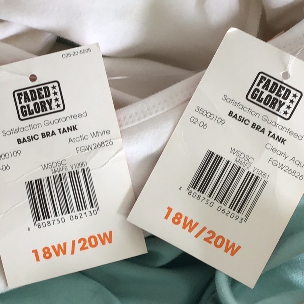 Faded Glory Plus Sz Built In Bra Basic Bra Tank 2 Lot White/Clearly Aqua 18w/20w View 5